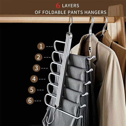 6 Layers Aluminum Pants Hangers,Space Saving Jean Scarf Organizer,Multi-Functional Closet Heavy Rack for Slacks Jeans Trousers